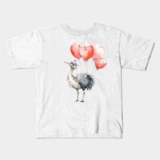 Valentine Ostrich Holding Heart Shaped Balloons Kids T-Shirt